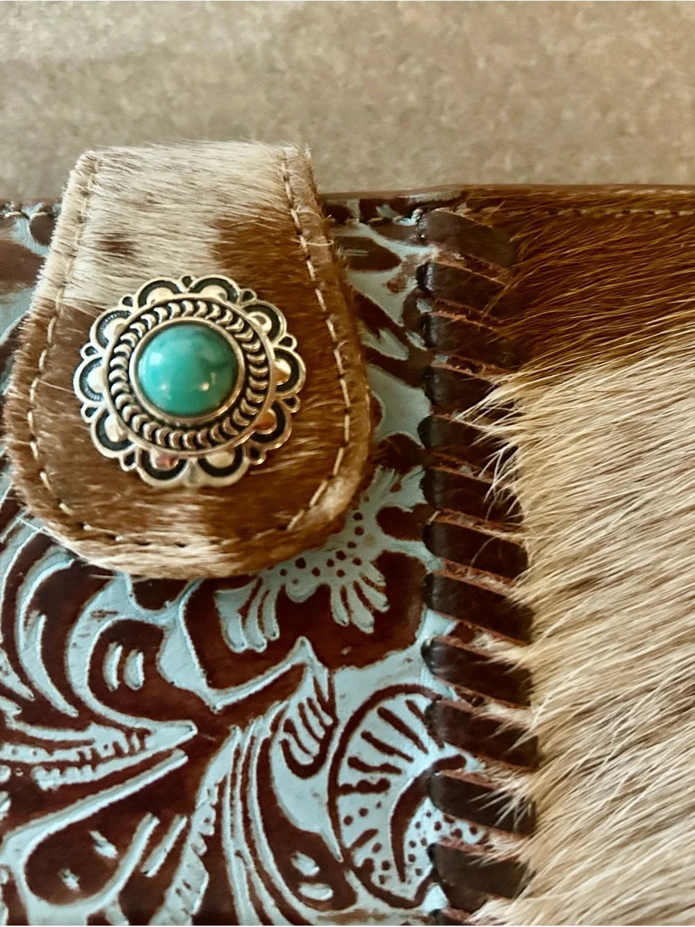Myra Bag Turquoise Brown Hair-on-Hide Wallet with Tooled Leather
